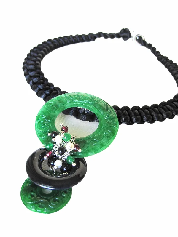 double heart necklace for couples -Carved Green Jade Brooch & Choker Necklace