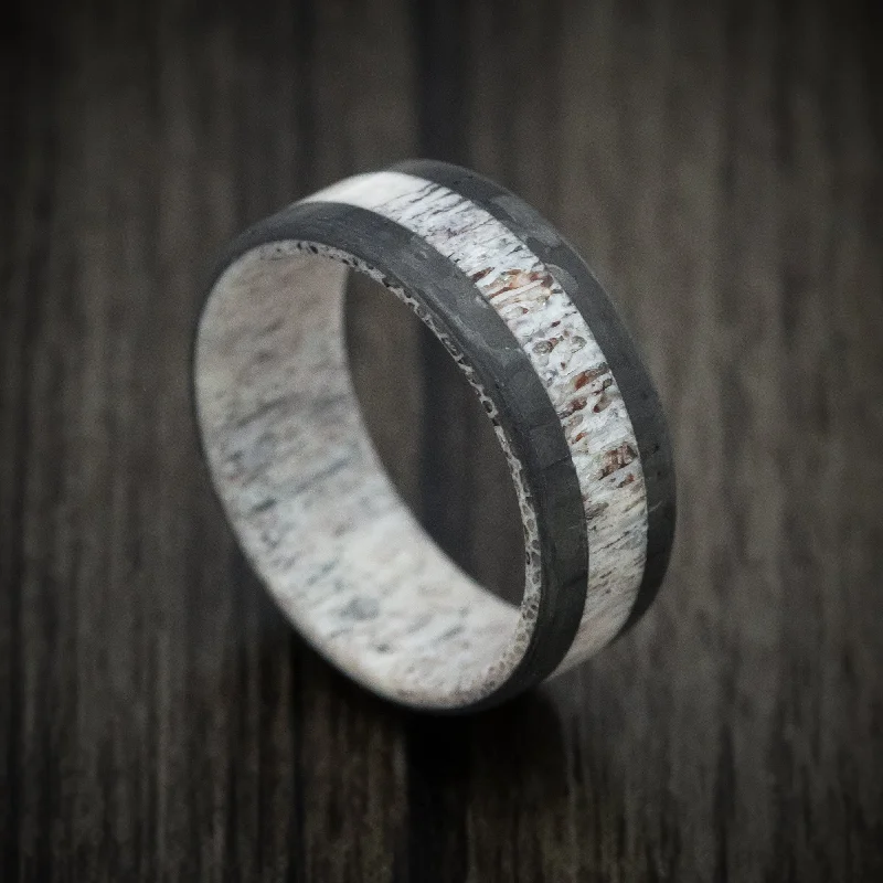 men’s wedding band with diamonds -Carbon Fiber and Antler Ring