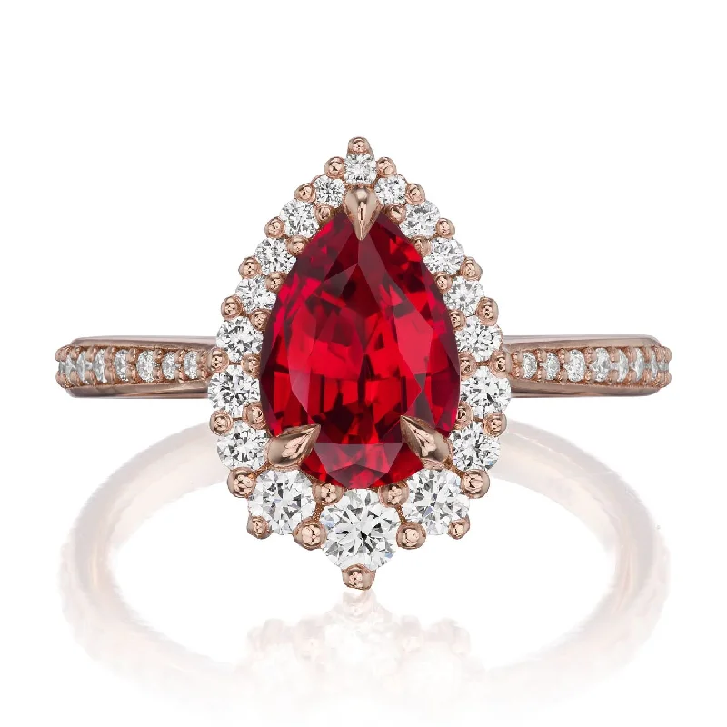 romantic promise ring for women -・CELESTE・Pear Ruby Center, Diamond Halo (2.23ctw+)