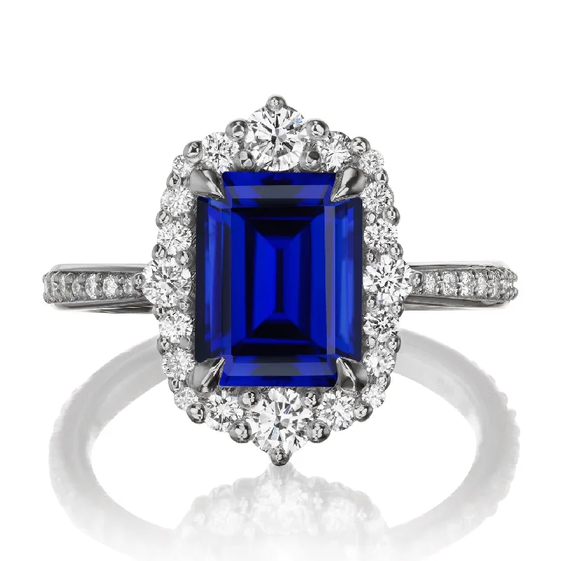 vintage engagement ring for women -・ADELINE・Emerald Cut Blue Sapphire Center, Diamond Halo (3.68ctw+)