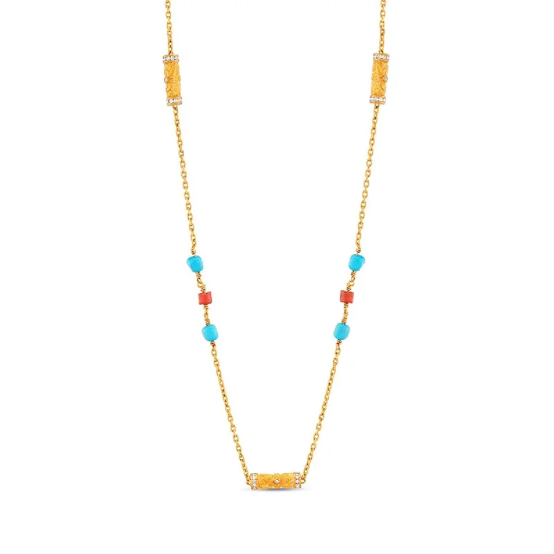 gold nameplate necklace for women -Cylinder Necklace with Diamond, Coral and Turquoise