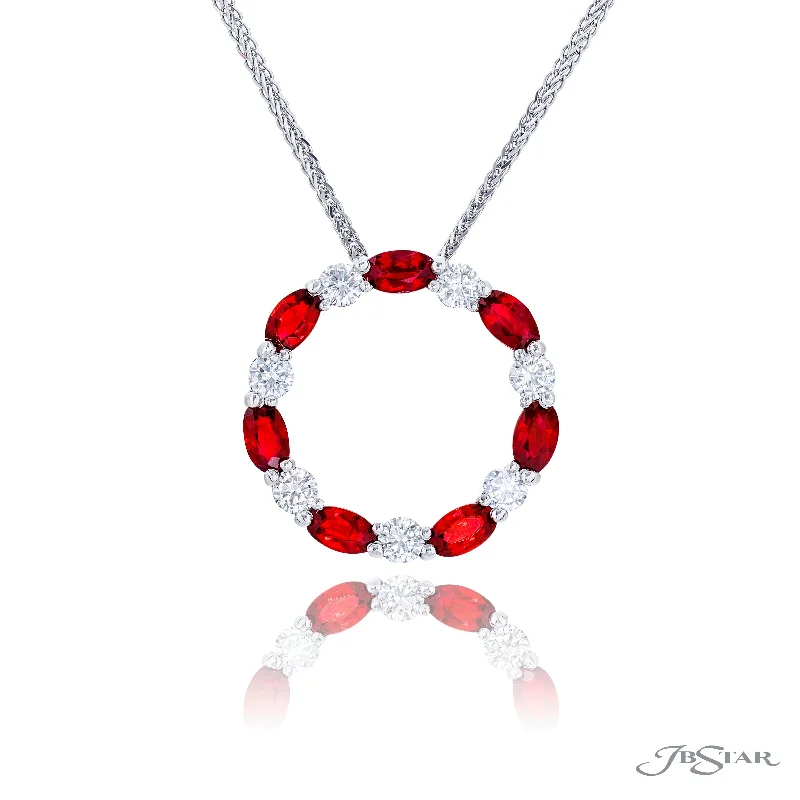 sapphire pendant necklace for women -Lady's White Platinum Necklace With Round Diamonds And Oval Rubies