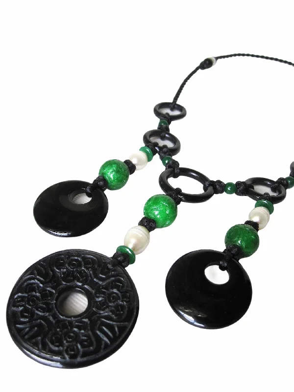 vintage silver necklace for women -Green Carved Jade, Black Agate Carved Discs, Fresh Water Pearls, Black Chinese Knots Necklace