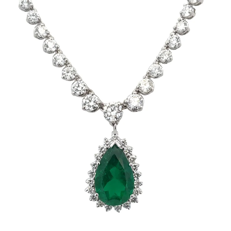 layered gold necklace for women -Magnificent 5.81 Pear Cut Colombian Emerald and Diamond Necklace in White Gold