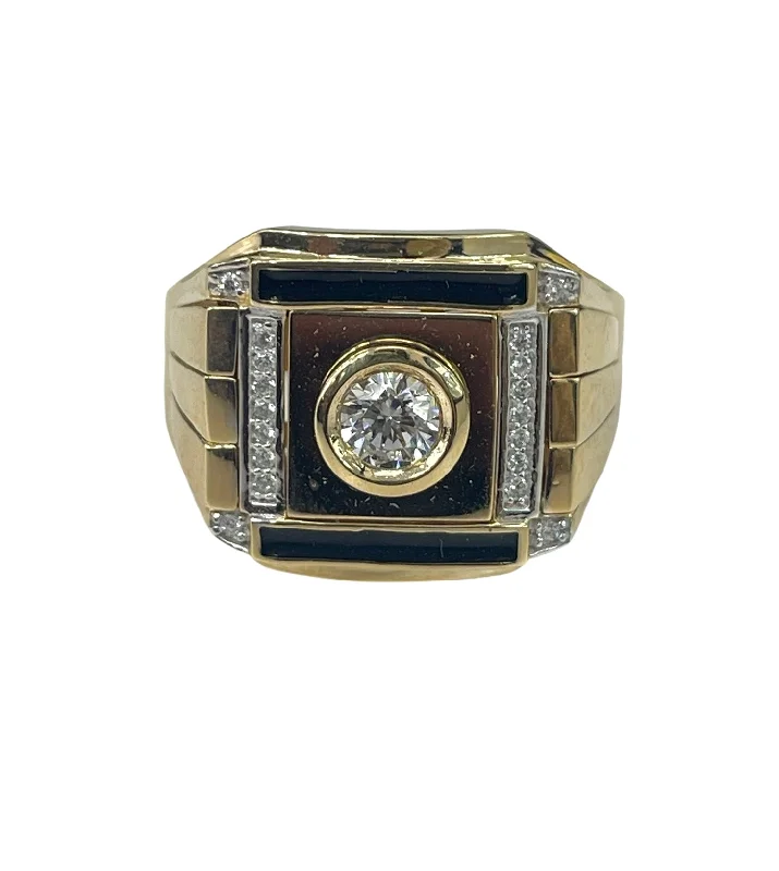 bold statement ring for women -Mens 14kt Yellow Gold Ring Band With Zirconia Accents