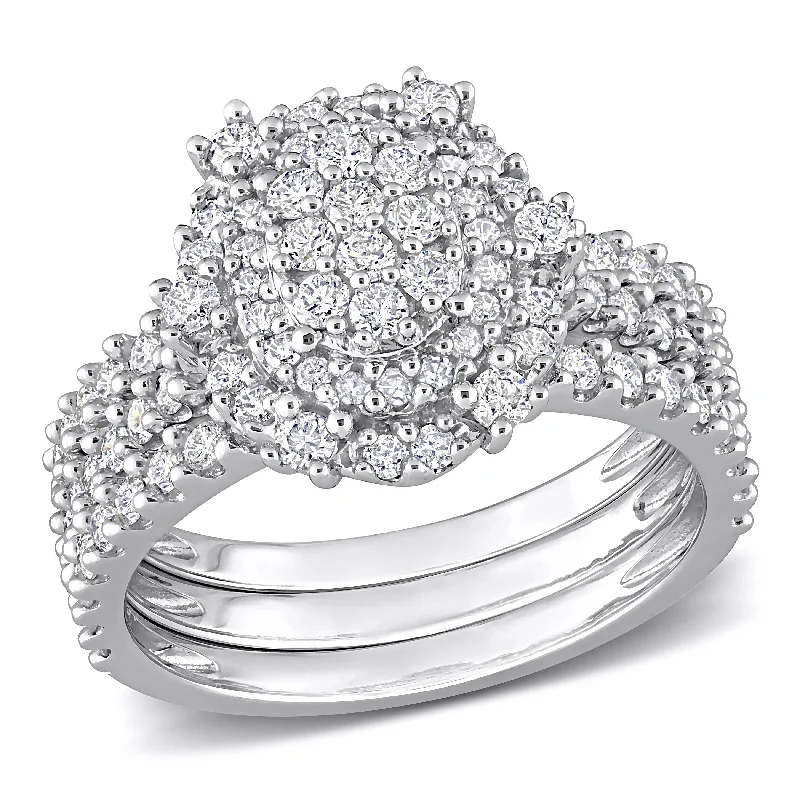 infinity ring for couples -Miadora 1 1/2ct TW Diamond Double Halo Oval Shaped Cluster Bridal Set 10k White Gold