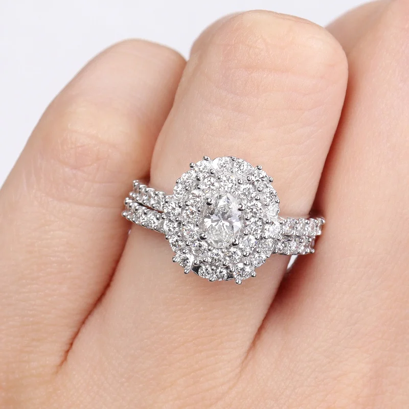 boho style ring for women -Miadora 1 1/2ct TW Oval Diamond Double Halo Cluster Bridal Set in 14k White Gold