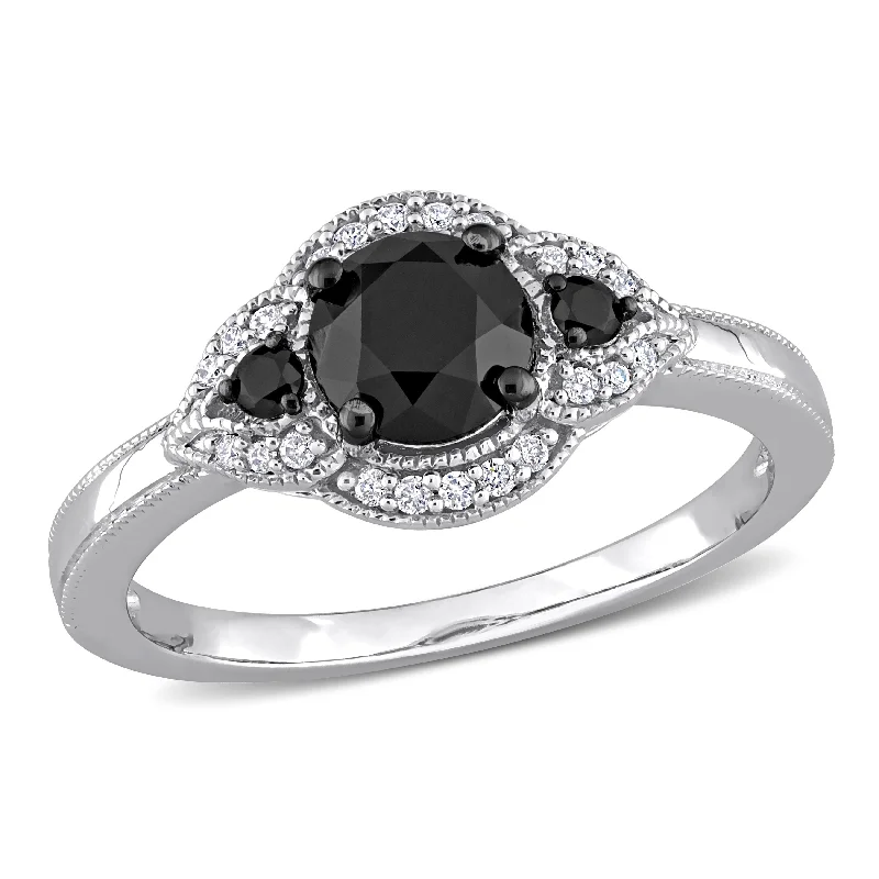 bold gold ring for women -Miadora 1 1/6ct TDW Black & White Diamond 3-Stone Halo Engagement Ring in 14k White Gold