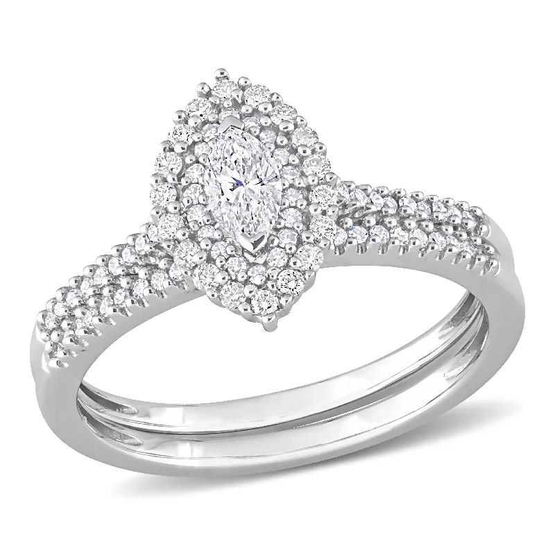 adjustable ring for women -Miadora 1/2ct TW Marquise Diamond Double Halo Cluster Bridal Set 14k White Gold