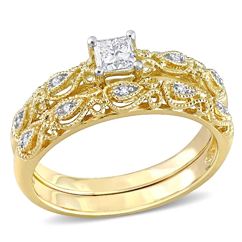 men’s titanium ring -Miadora 1/3ct TDW Diamond Bridal Ring Set in 10k Yellow Gold