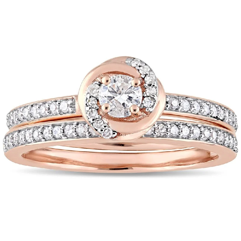 marquise diamond ring for women -Miadora 10k Rose Gold 1/2ct TDW Diamond Swirl Halo Bridal Ring Set