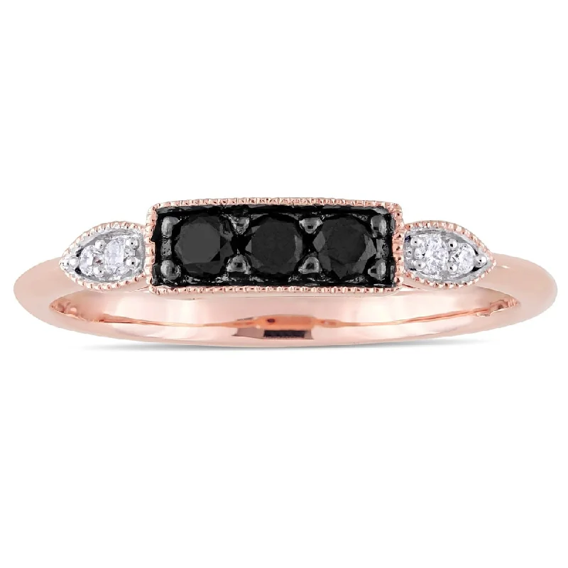 vintage-inspired ring for women -Miadora 10k Rose Gold 1/4ct TDW Black and White Diamond 3-Stone Anniversary Band Ring