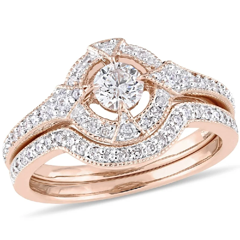 delicate gold ring for layering -Miadora 10k Rose Gold 3/4ct TDW Diamond Halo Vintage Wedding Ring Set