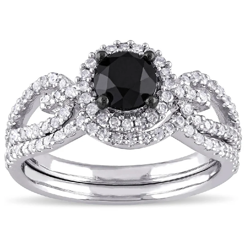 vintage diamond ring for women -Miadora 10k White Gold 1 1/2ct TDW Black and White Diamond Halo Bridal Ring Set