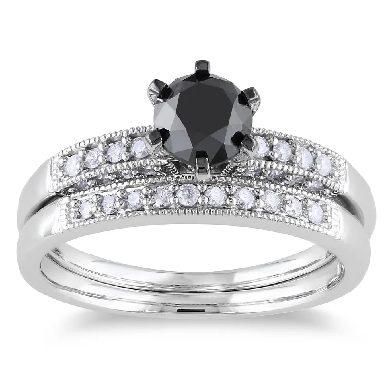 mother-daughter matching rings -Miadora 10k White Gold 1 1/3ct TDW Black and White Diamond Bridal Ring Set