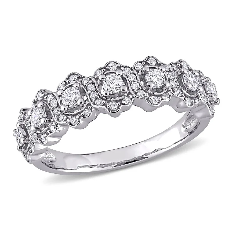 gold signet ring for men -Miadora 10k White Gold 1/2ct TDW Diamond floral halo Semi-Eternity Band Ring