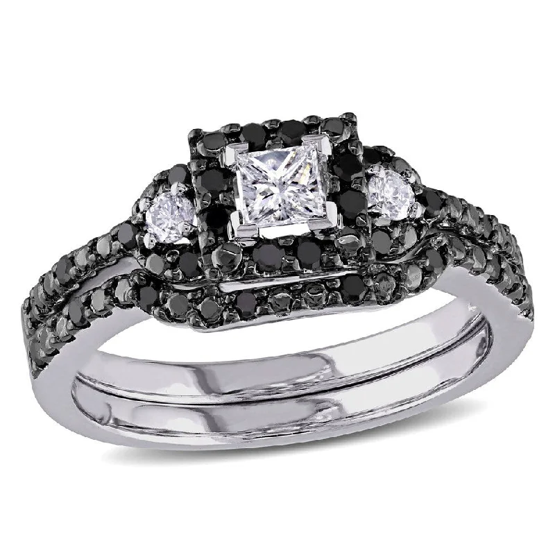 fashion ring for daily wear -Miadora 10k White Gold 1/2ct TDW Princess and Round-cut Black and White Diamond Halo Bridal Ring Set