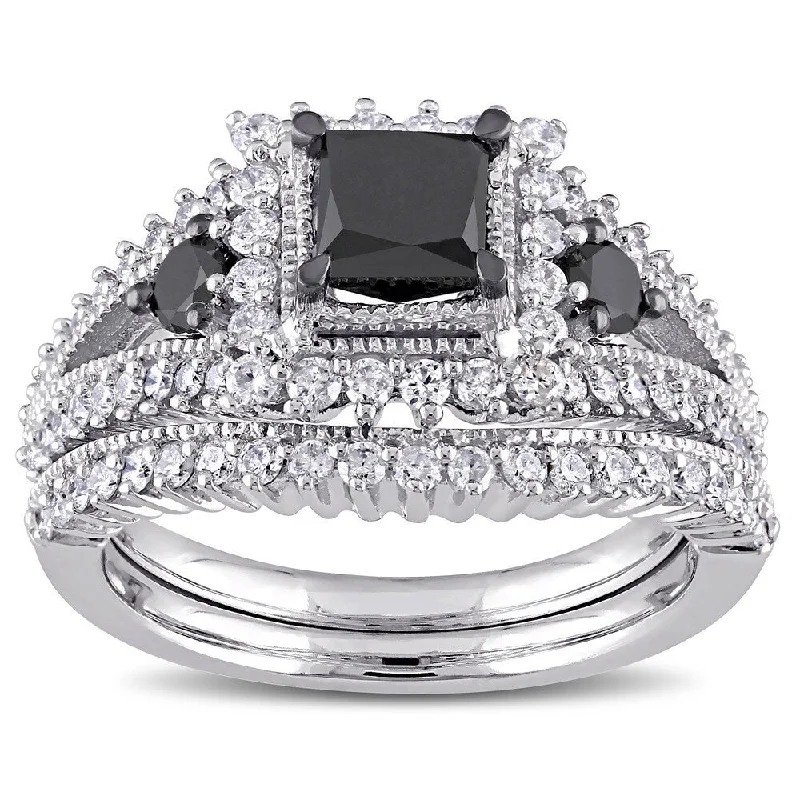 ruby ring for women -Miadora 10k White Gold 2ct TDW Black and White Diamond 3-stone Bridal Set