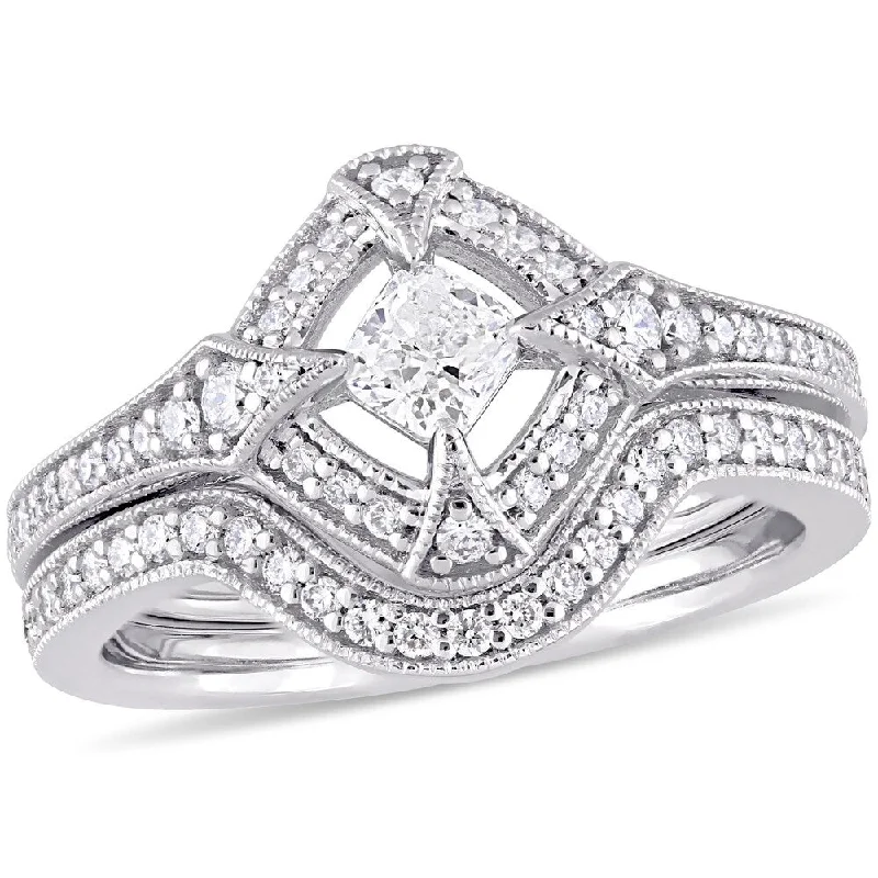 three stone engagement ring -Miadora 10k White Gold 3/4ct TDW Diamond Halo Bridal Ring Set