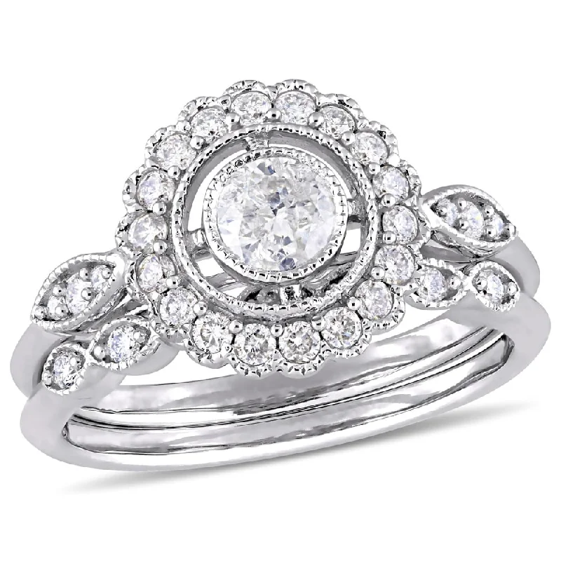 gold band ring for men -Miadora 10k White Gold 3/4ct TDW Diamond Halo Floral Bridal Ring Set