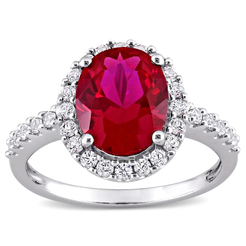 black gold ring for women -Miadora 10k White Gold Oval-cut Created Ruby and Created White Sapphire Halo Engagement Ring