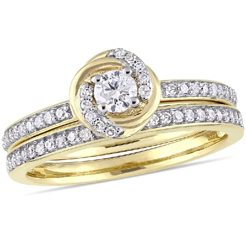 silver thumb ring for women -Miadora 10k Yellow Gold 1/2ct TDW Diamond Swirl Halo Bridal Ring Set