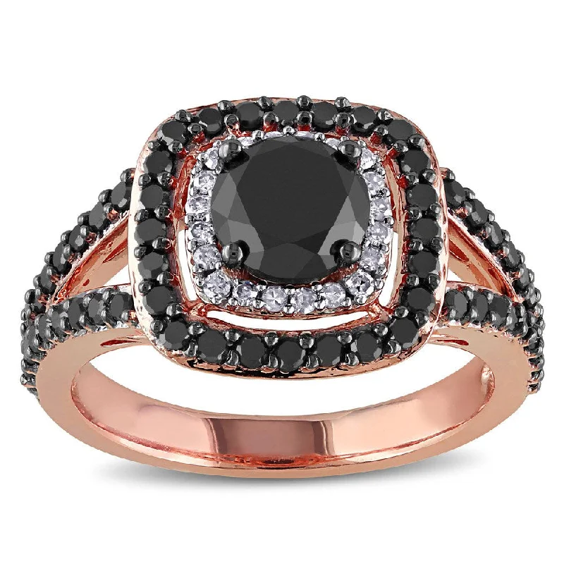 open band ring for women -Miadora 14k Rose Gold 2ct TDW Black and White Diamond Double Halo Ring