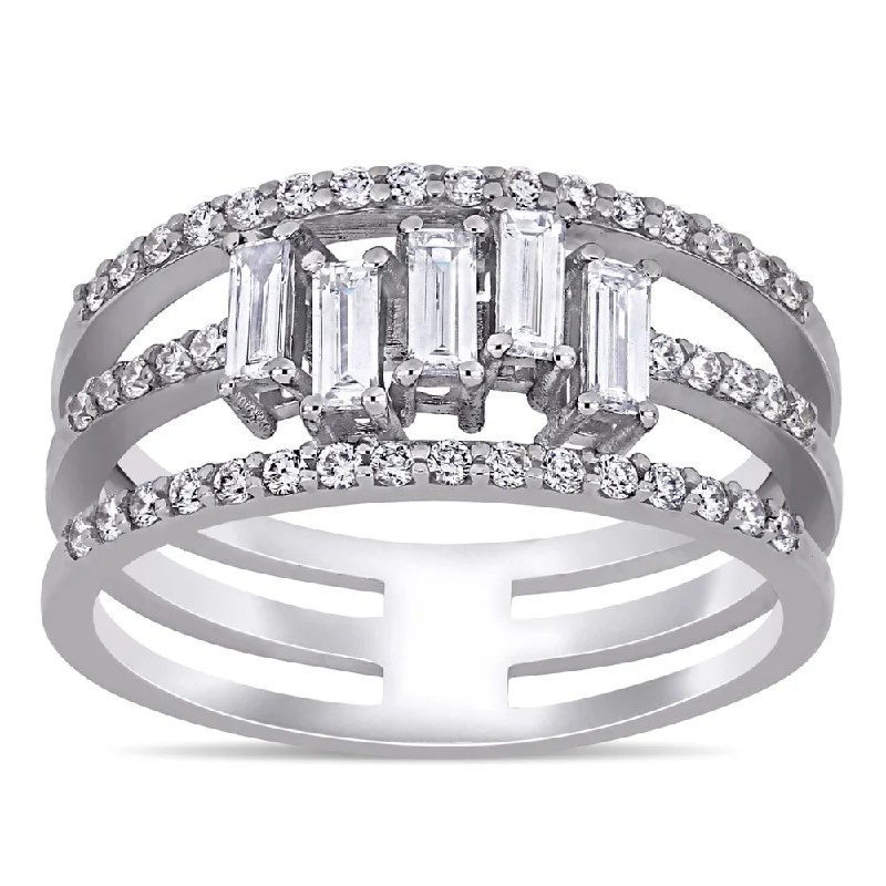 halo diamond ring for women -Miadora 14k White Gold 5/8ct TDW Baguette and Round-Cut 3-Row Geometric Anniversary Band ring