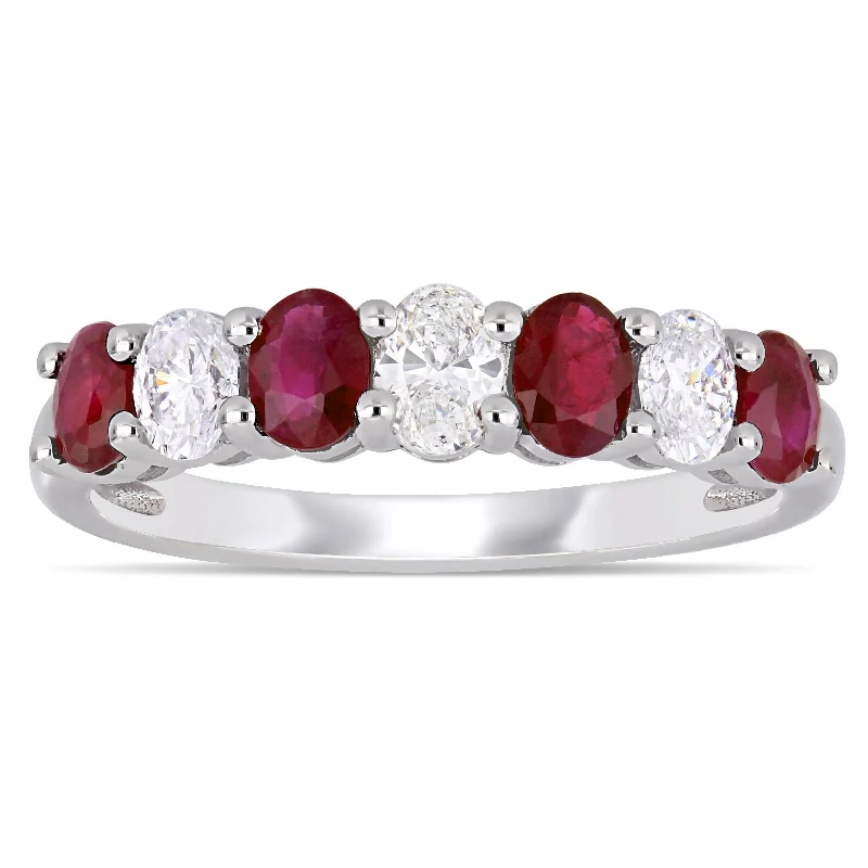 birthstone ring for moms -Miadora 14k White Gold Oval-Cut Ruby and 1/2ct TDW Diamond Semi-Eternity Anniversary Band