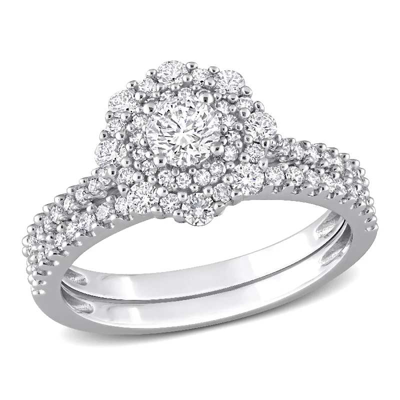 engraved name ring for gifts -Miadora 1ct TDW Diamond Halo Bridal Ring Set in 14k White Gold