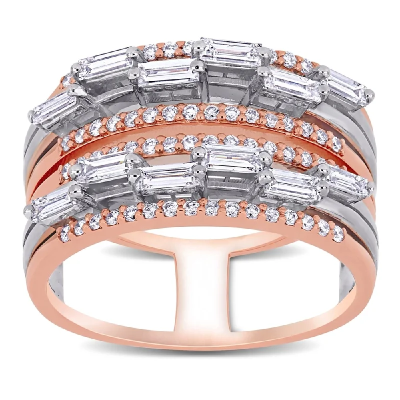 halo diamond ring for women -Miadora 2-Tone 14k Rose and White Gold 3/4ct TDW Baguette and Round-Cut Diamond Multi-Row Band Ring