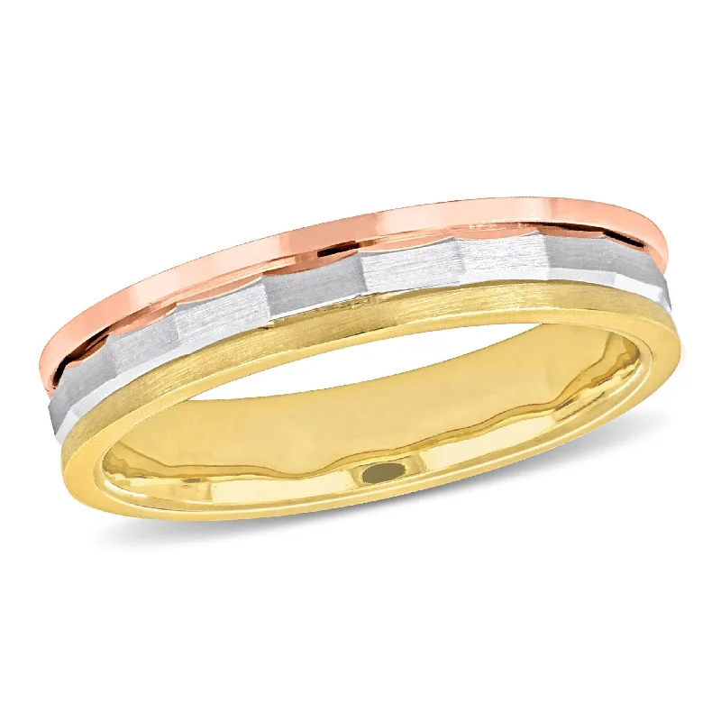 simple band ring for men -Miadora 4mm Hammered and Brushed Finish Wedding Band in 3-Tone 14k Gold