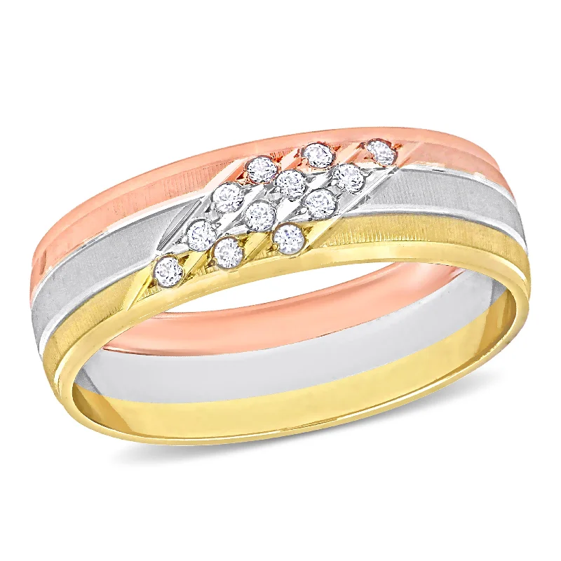 moonstone ring for women -Miadora 6mm Cubic Zirconia Matte Three Row Wedding Band in 14k 3-Tone Gold