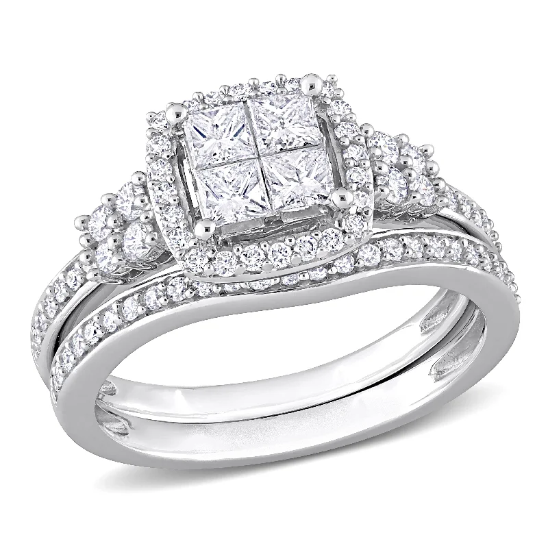 wedding ring set for couples -Miadora 7/8ct TDW Princess-Cut Diamond Halo 2-Piece Bridal Ring Set 10k White Gold