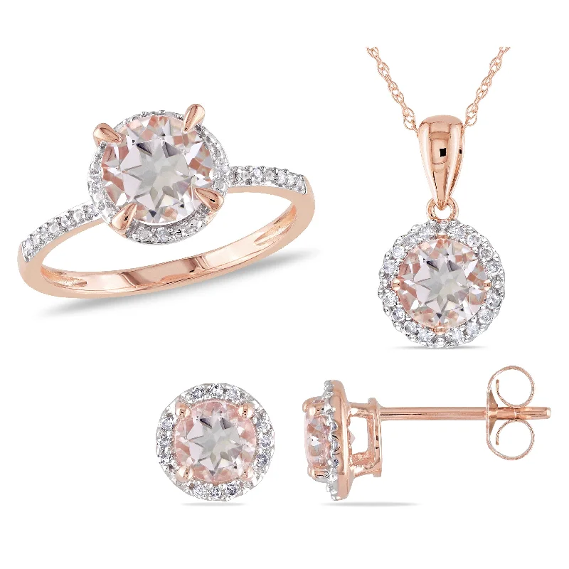 vintage gold necklace for women -Miadora Signature Collection 10k Rose Gold Morganite and 1/5ct TDW Diamond Halo Ring, Stud Earrings, and Necklace Set