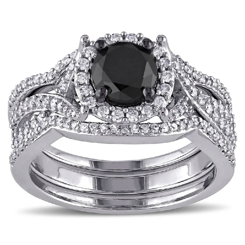 sapphire engagement ring for women -Miadora Signature Collection 10k White Gold 1 1/2ct TDW Black and White Diamond 3-piece Halo Bridal Ring Set (G-H, I2-I3)