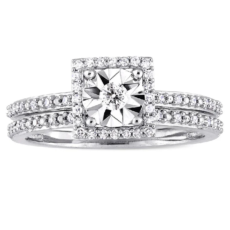 cubic zirconia ring for women -Miadora Signature Collection 10k White Gold 1/4ct TDW Diamond Square Halo Bridal Ring Set