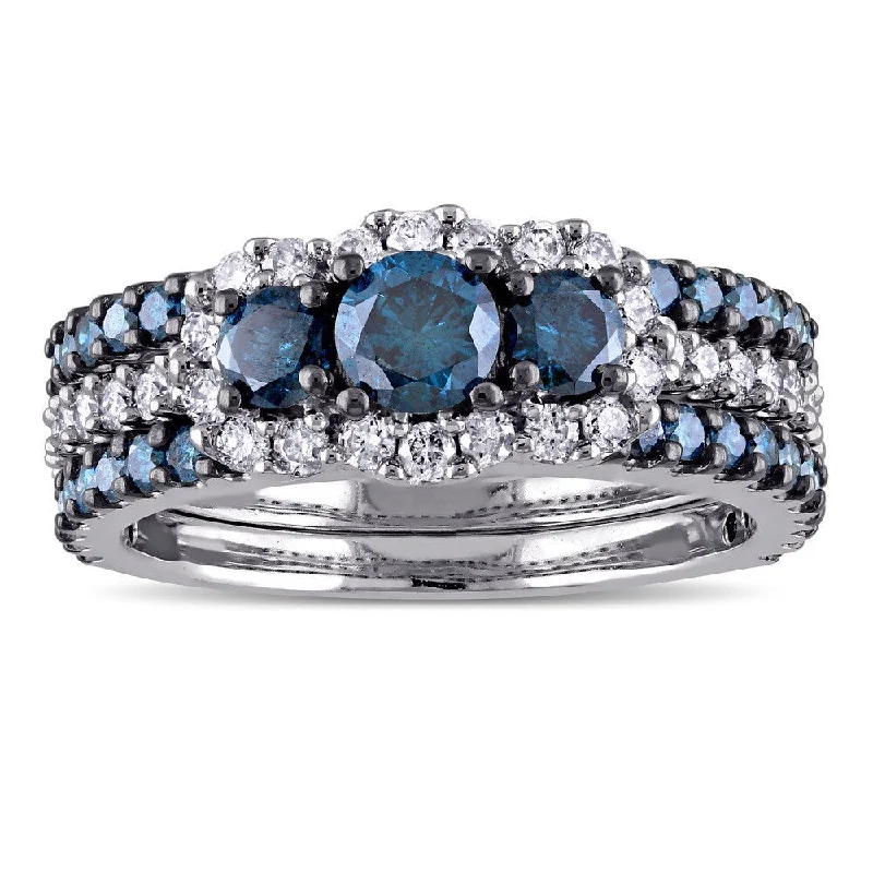 gold plated ring for women -Miadora Signature Collection 10k White Gold 2ct TDW Blue and White Diamond 3-stone Bridal Ring Set