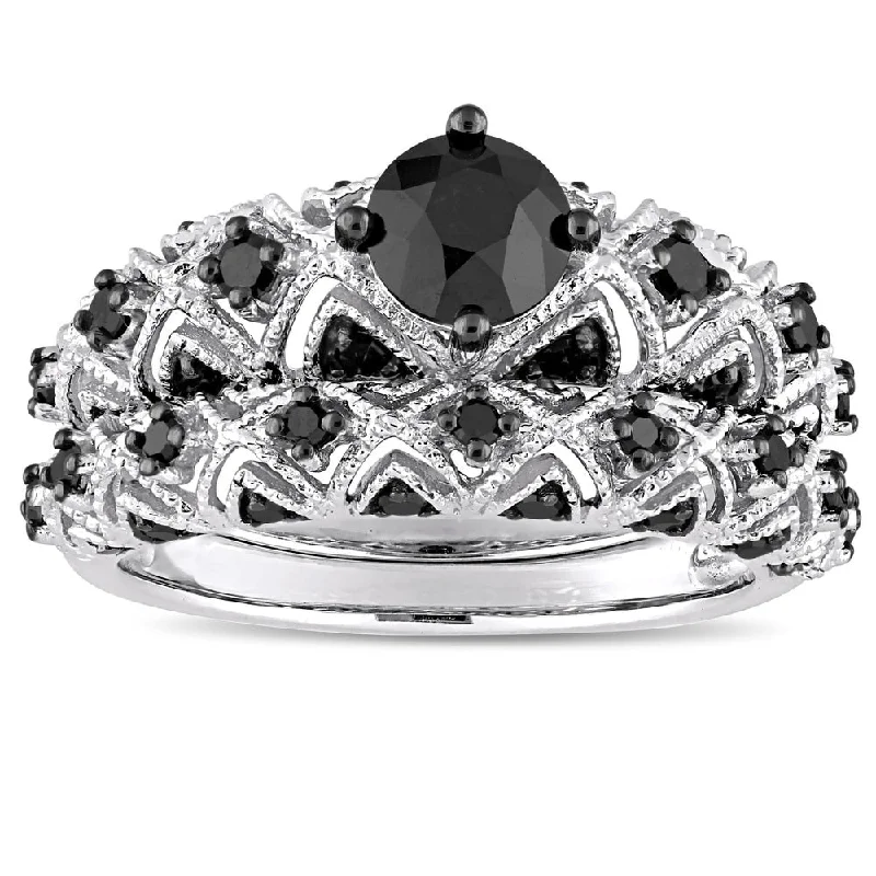 fashion ring for daily wear -Miadora Signature Collection 10k White Gold Plated with Black Rhodium 1 1/4ct TDW Black Diamond Infi