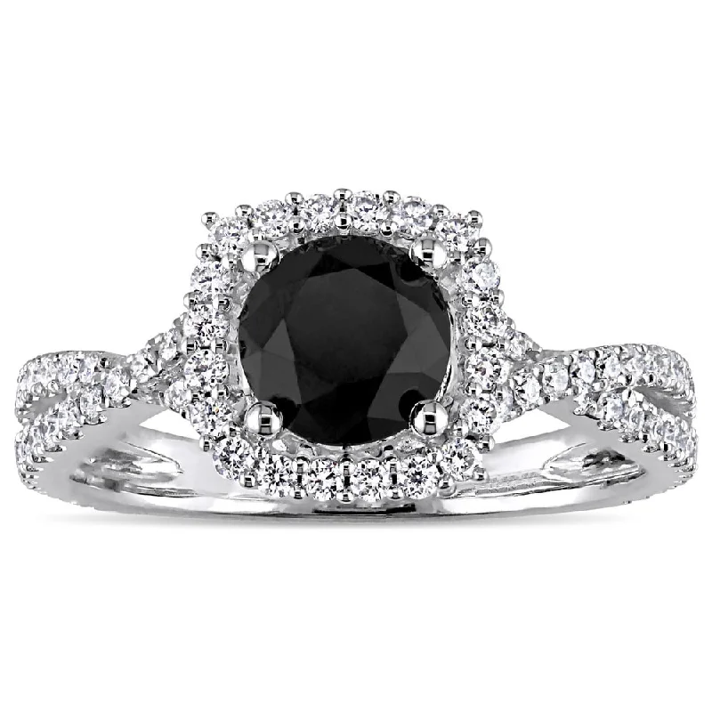 stackable rings for women -Miadora Signature Collection 14k White Gold 1-1/2ct TDW Black and White Diamond Halo Crossover Engag