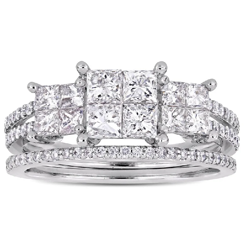 butterfly ring for women -Miadora Signature Collection 14k White Gold 1-1/3ct TDW Princess Diamond Triple Quad Bridal Set