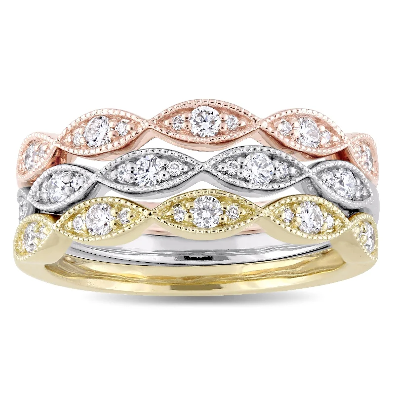 contemporary ring for men -Miadora Signature Collection 3-Tone 14k White Yellow and Rose Gold 1/2ct TDW Diamond 3-Piece Ring Se