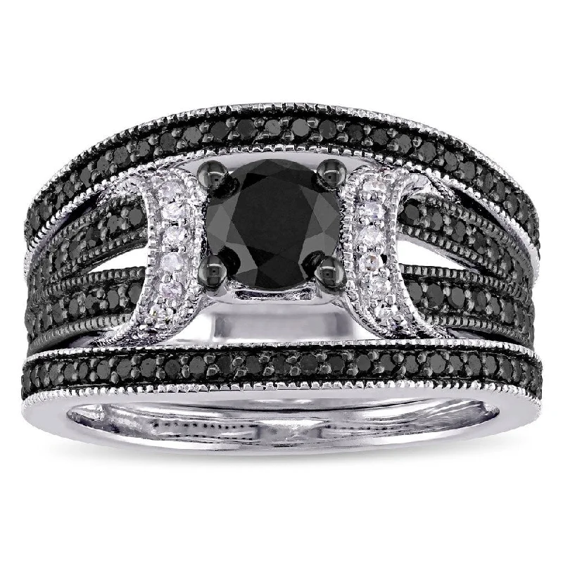 black gold ring for women -Miadora Sterling Silver 1 1/3ct TDW Black and White Diamond Split Shank 3-Piece Bridal Set