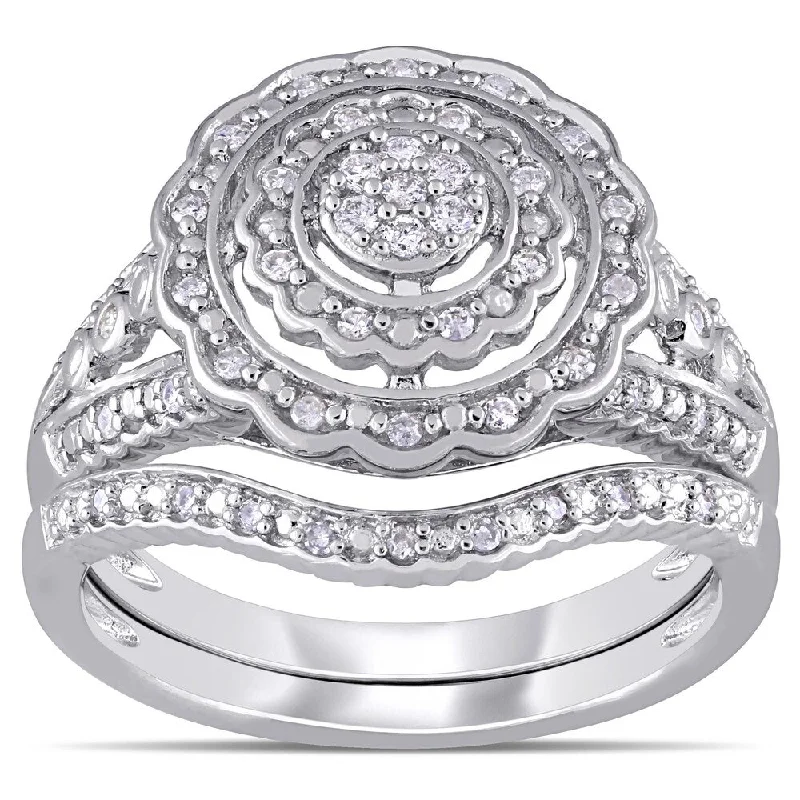 cushion cut engagement ring -Miadora Sterling Silver 1/4ct TDW Diamond Double Floral Halo Bridal Ring Set