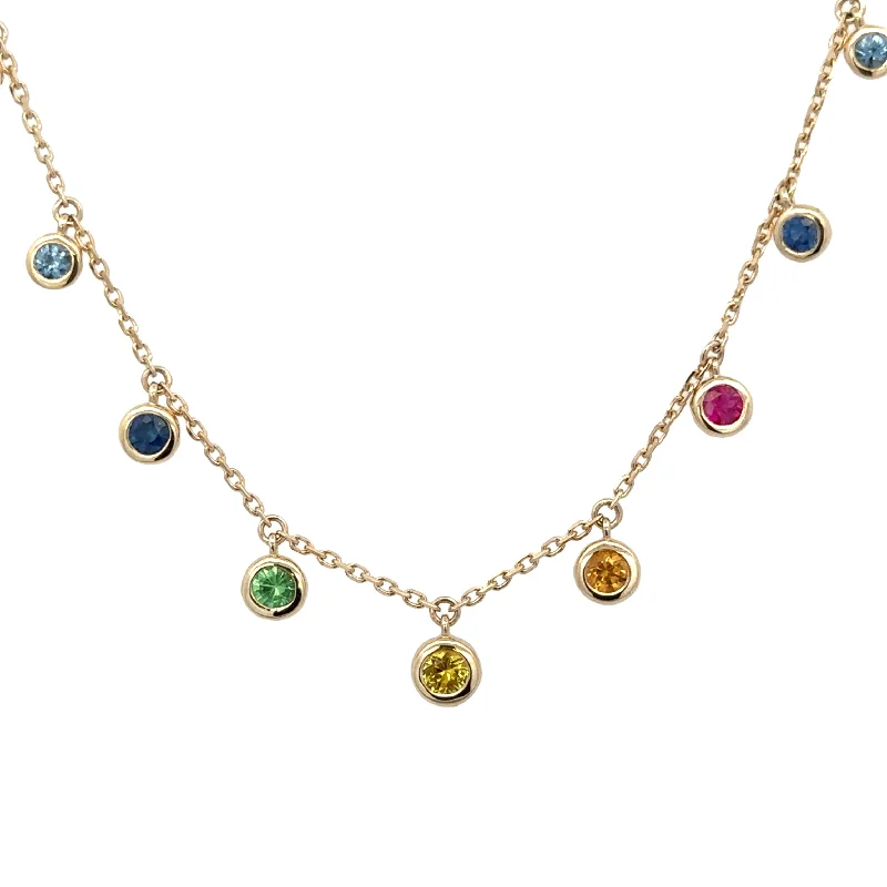 birthstone necklace for moms -Multicolored Sapphire Station Necklace in Yellow Gold