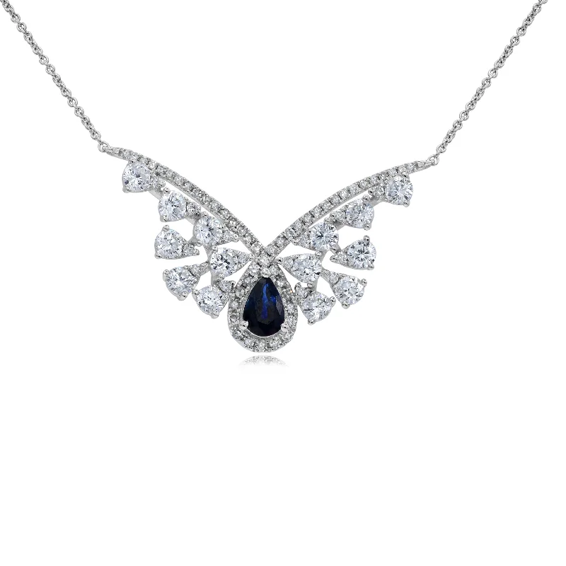 chic layered necklace for women -1.25ct Diamond and 0.22ct Sapphire Necklace set in 14KT White Gold / N21618B