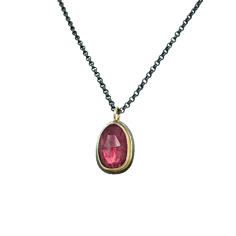 custom initial necklace for women -Pink Rose Cut Tourmaline Necklace set in 18k Gold on Oxidized Sterling Silver Chain