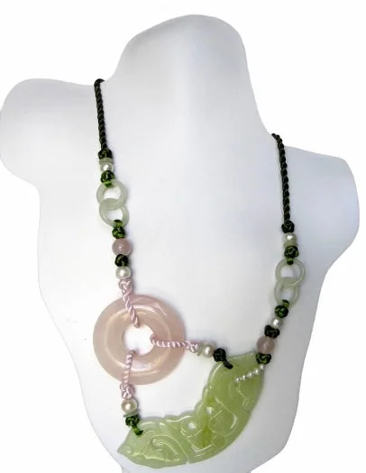 simple gold pendant necklace -Shou Jade, Rose Quartz, Fresh Water Pearls, Green & Pink Chinese Silk Knots Necklace