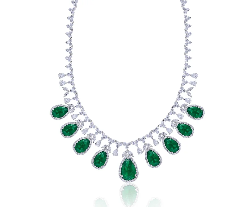 engraved birthstone necklace for moms -17.74ct Diamond and 29.94ct Emerald Necklace set in 18KT White Gold / NK029