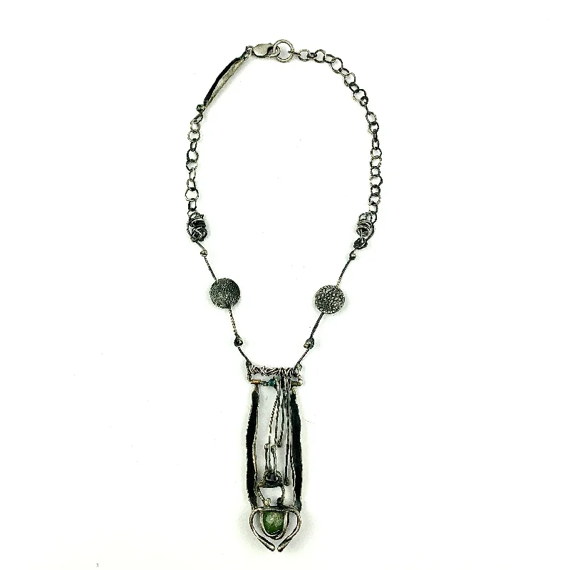 chic layered necklace for women -Sculptural Necklace with Blue Topaz and Caged Green Rough Stone